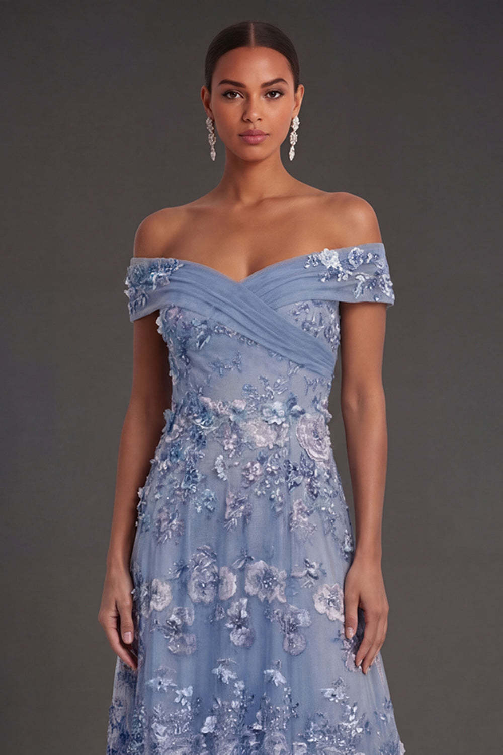Dusty Blue Floral Appliqued A Line Off the Shoulder Long Wedding Guest Dress