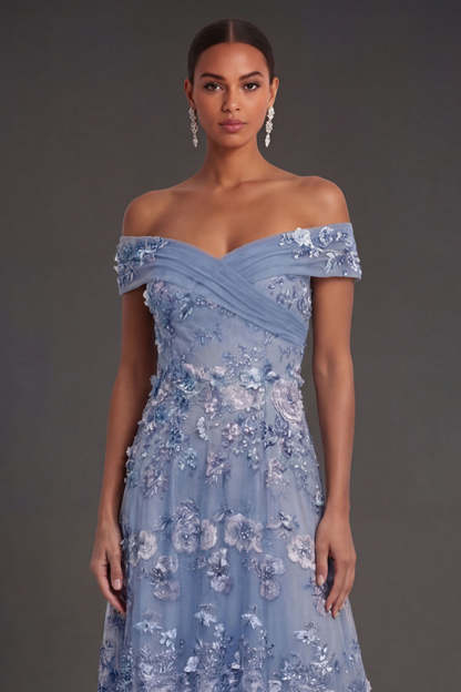 Dusty Blue Floral Appliqued A Line Off the Shoulder Long Wedding Guest Dress