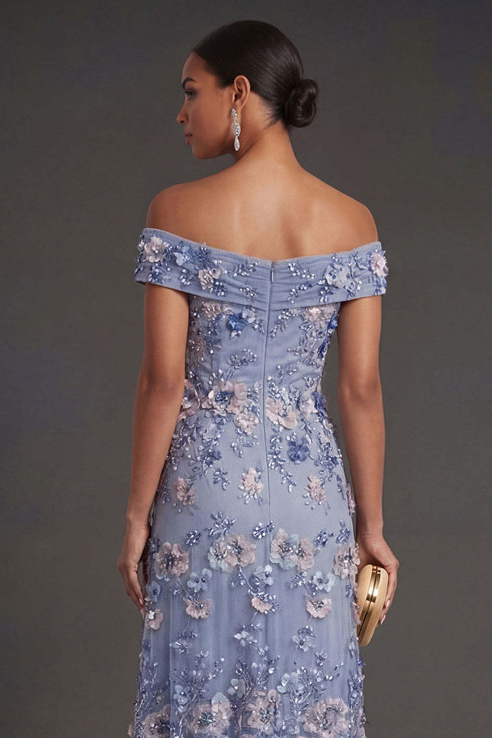 Dusty Blue Floral Appliqued A Line Off the Shoulder Long Wedding Guest Dress