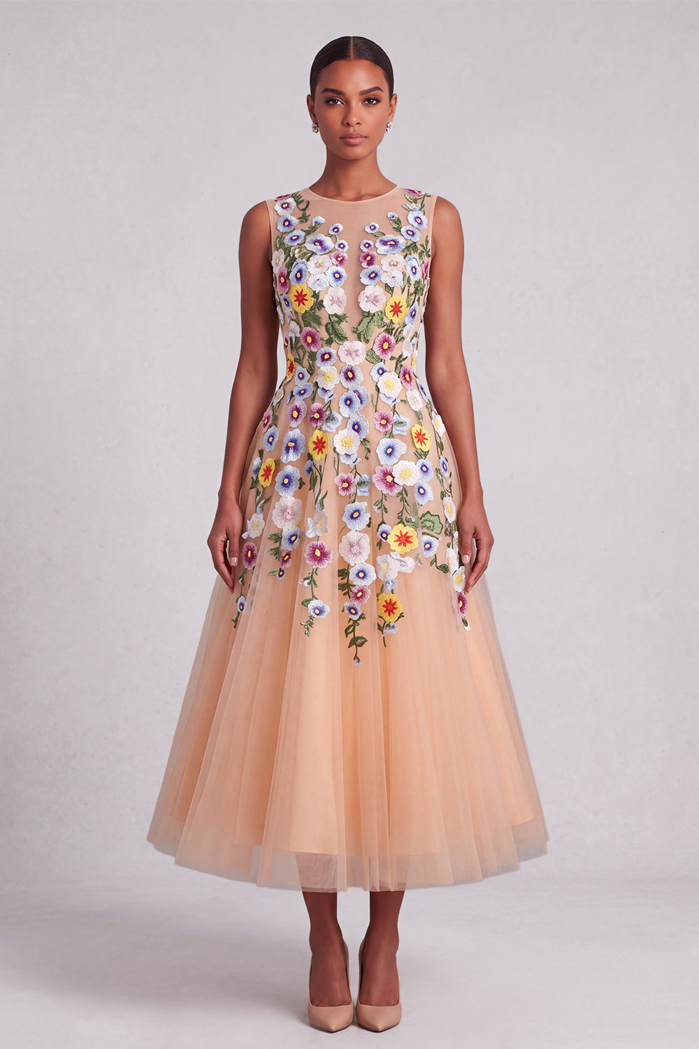 Champagne Illusion Neck Floral Tulle Midi Wedding Guest Dress
