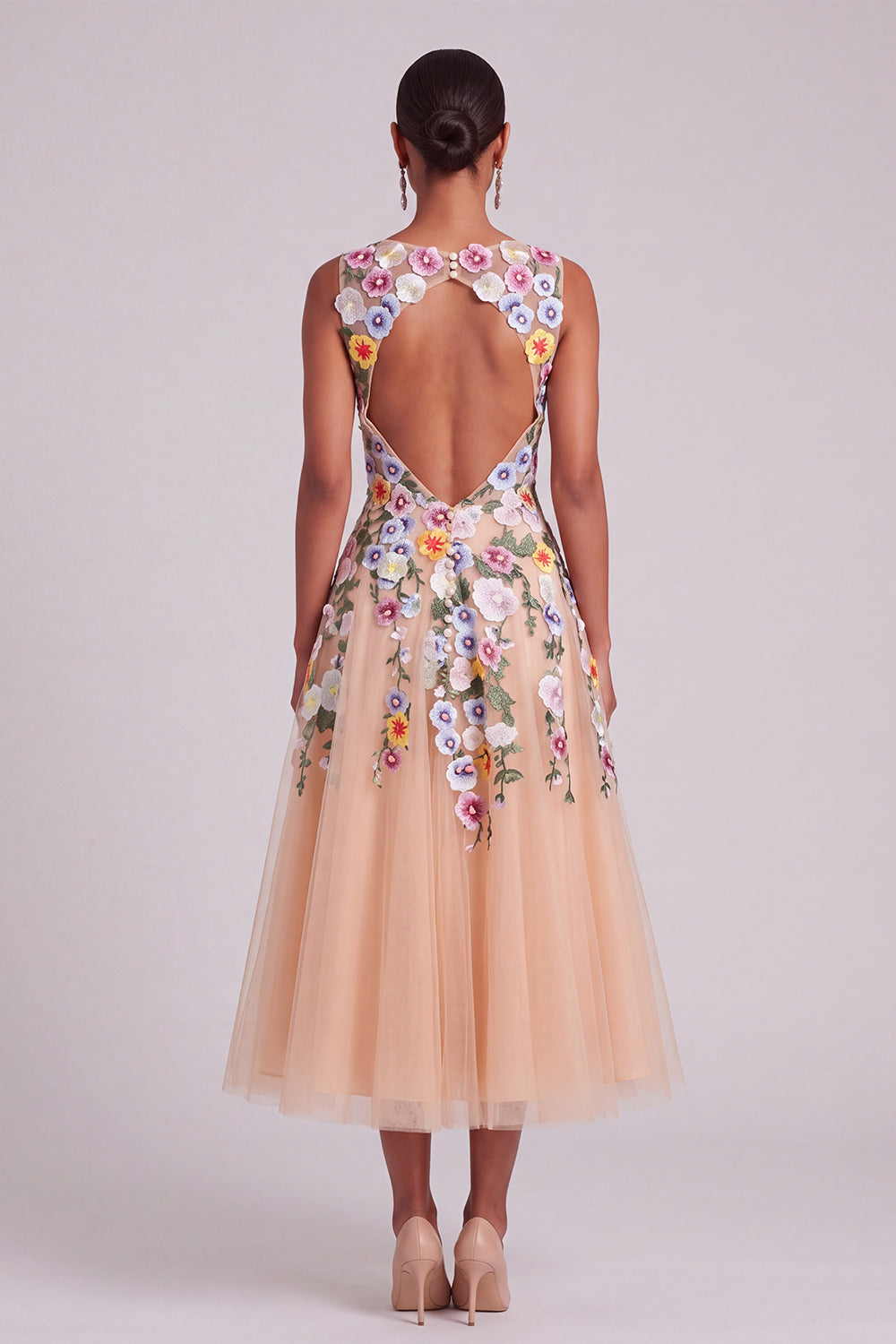 Champagne Illusion Neck Floral Tulle Midi Wedding Guest Dress
