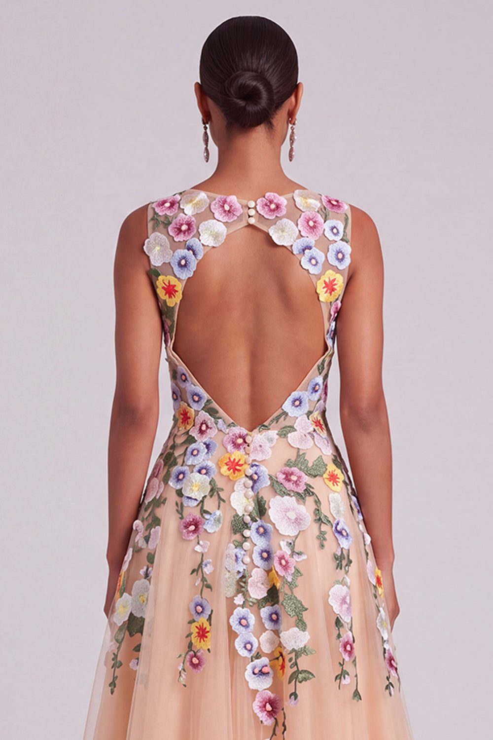 Champagne Illusion Neck Floral Tulle Midi Wedding Guest Dress