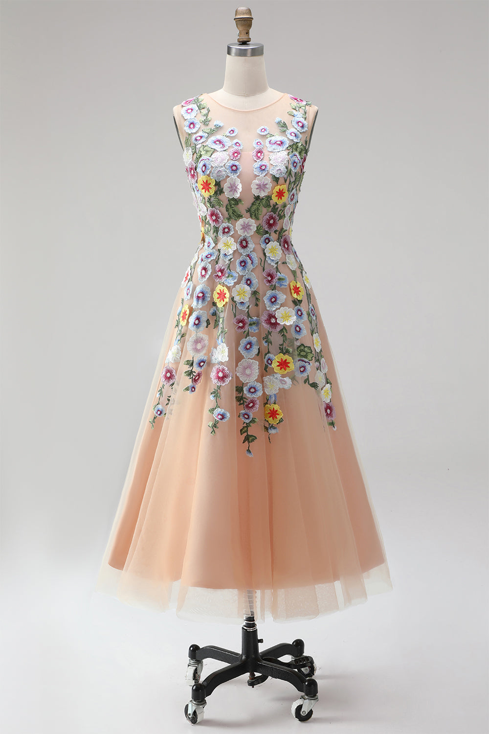 Champagne Illusion Neck Floral Tulle Midi Wedding Guest Dress