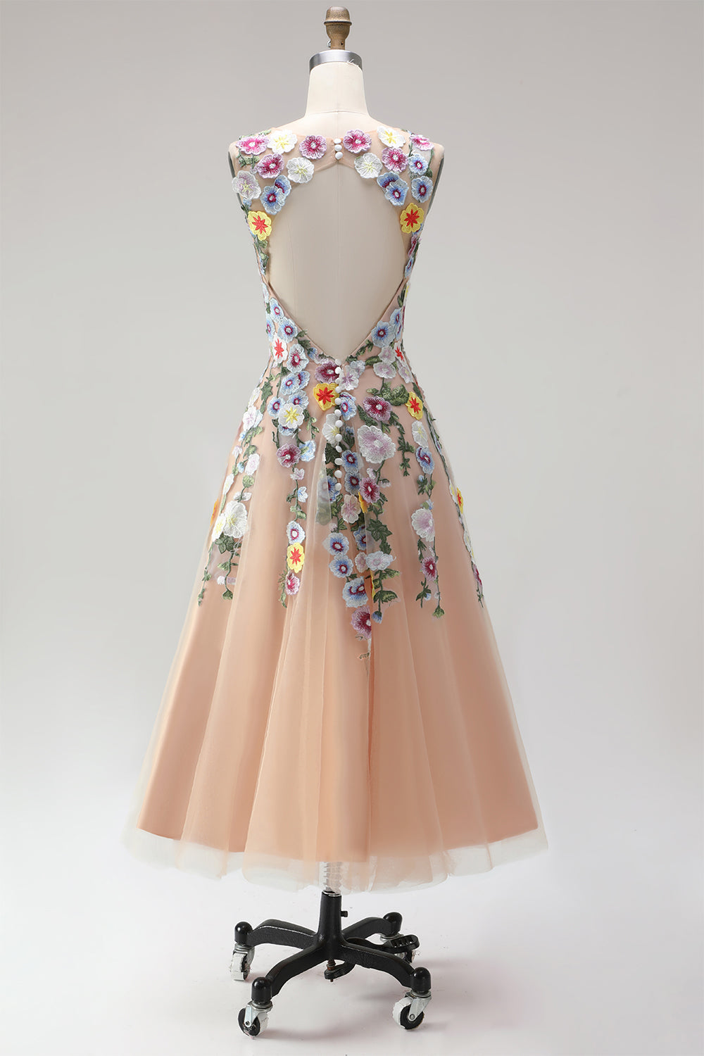 Champagne Illusion Neck Floral Tulle Midi Wedding Guest Dress