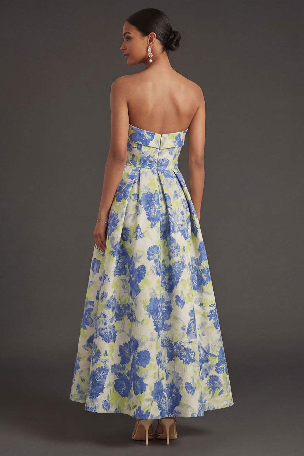 Pink Flower Jacquard Strapless Sleeveless Long Wedding Guest Dress