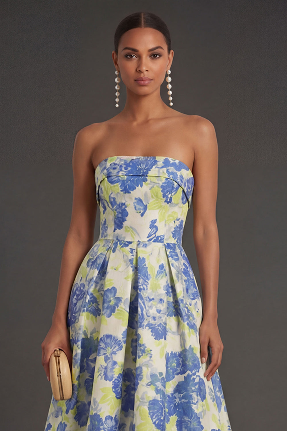 Pink Flower Jacquard Strapless Sleeveless Long Wedding Guest Dress