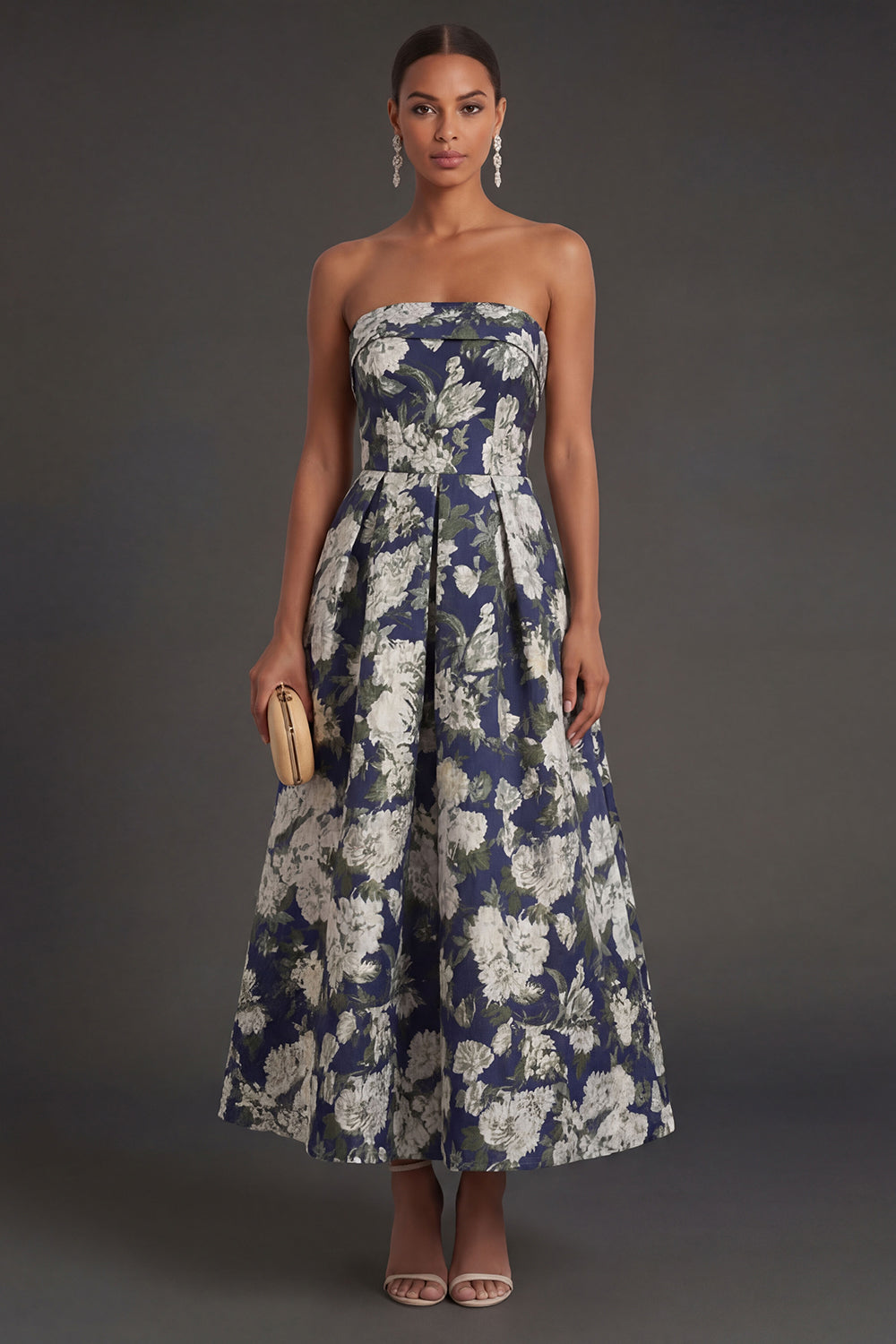 Pink Flower Jacquard Strapless Sleeveless Long Wedding Guest Dress