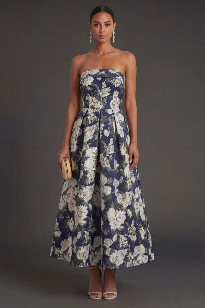 Pink Flower Jacquard Strapless Sleeveless Long Wedding Guest Dress