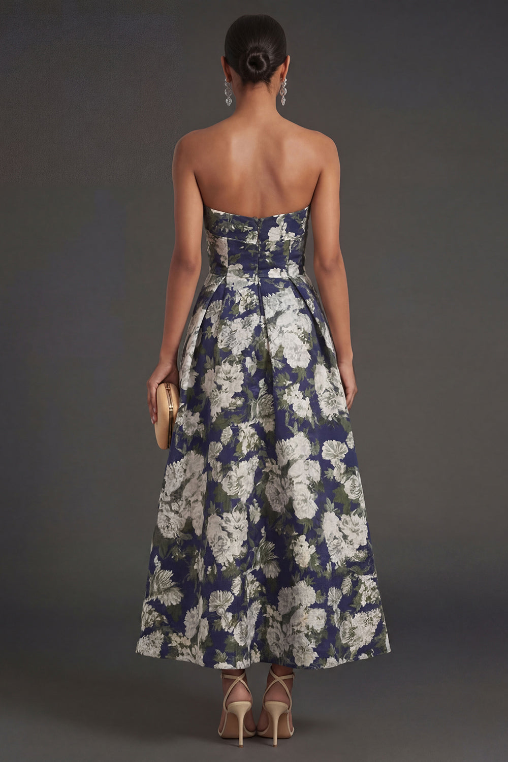 Pink Flower Jacquard Strapless Sleeveless Long Wedding Guest Dress