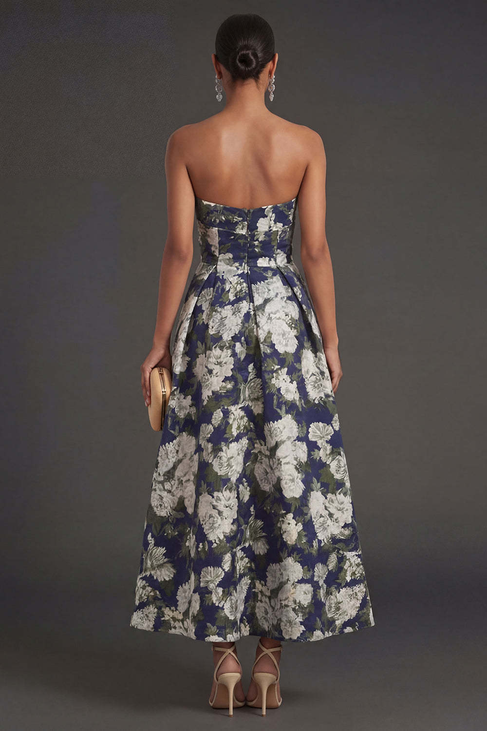 Pink Flower Jacquard Strapless Sleeveless Long Wedding Guest Dress