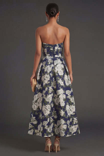 Pink Flower Jacquard Strapless Sleeveless Long Wedding Guest Dress