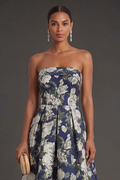 Pink Flower Jacquard Strapless Sleeveless Long Wedding Guest Dress