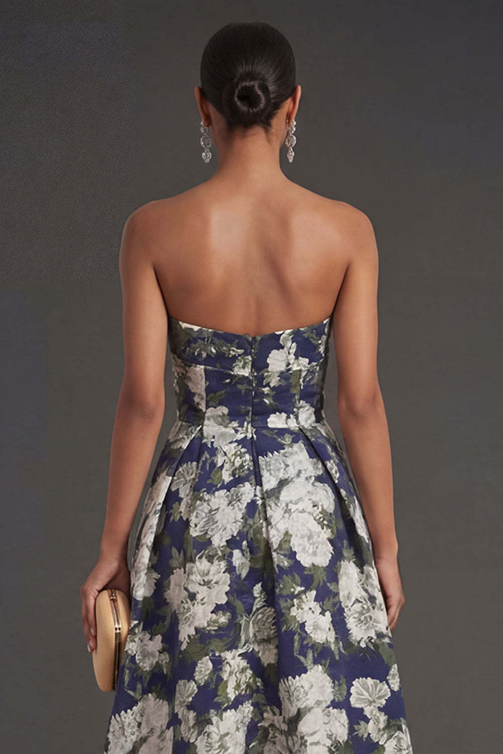 Pink Flower Jacquard Strapless Sleeveless Long Wedding Guest Dress