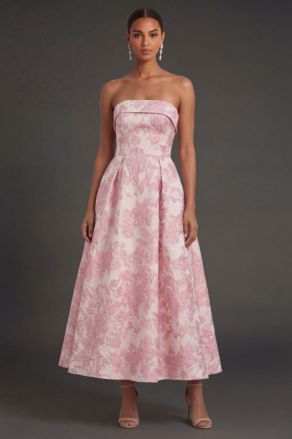 Pink Flower Jacquard Strapless Sleeveless Long Wedding Guest Dress