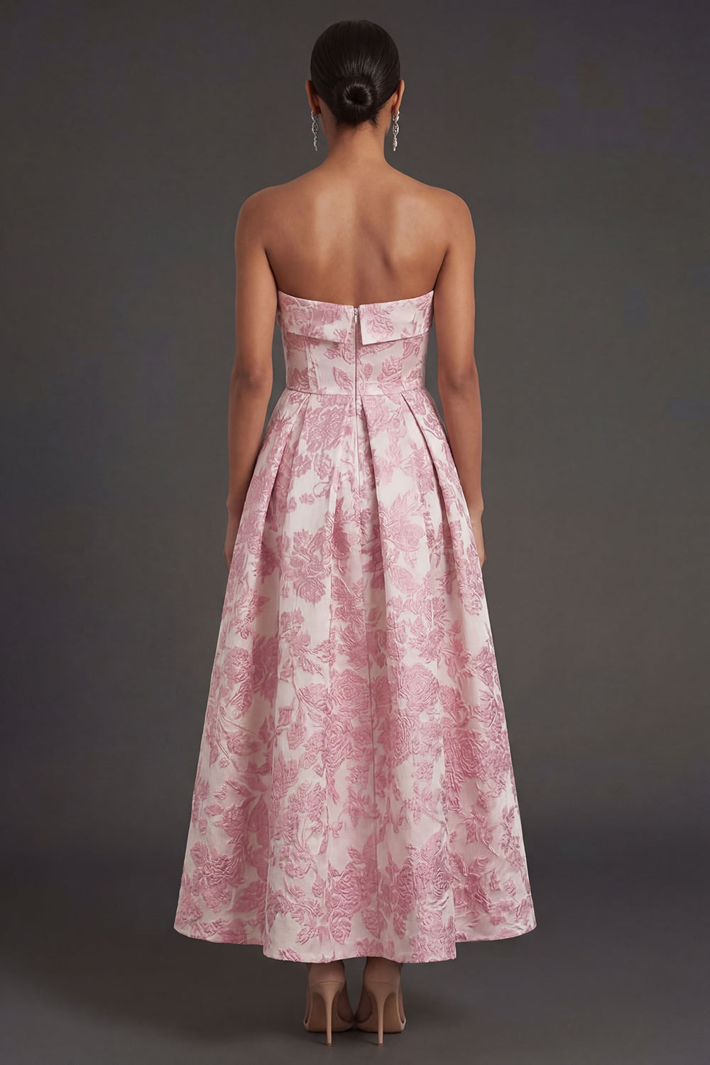 Pink Flower Jacquard Strapless Sleeveless Long Wedding Guest Dress