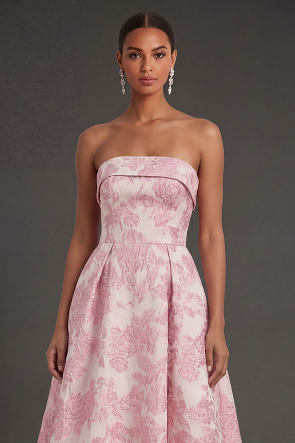 Pink Flower Jacquard Strapless Sleeveless Long Wedding Guest Dress