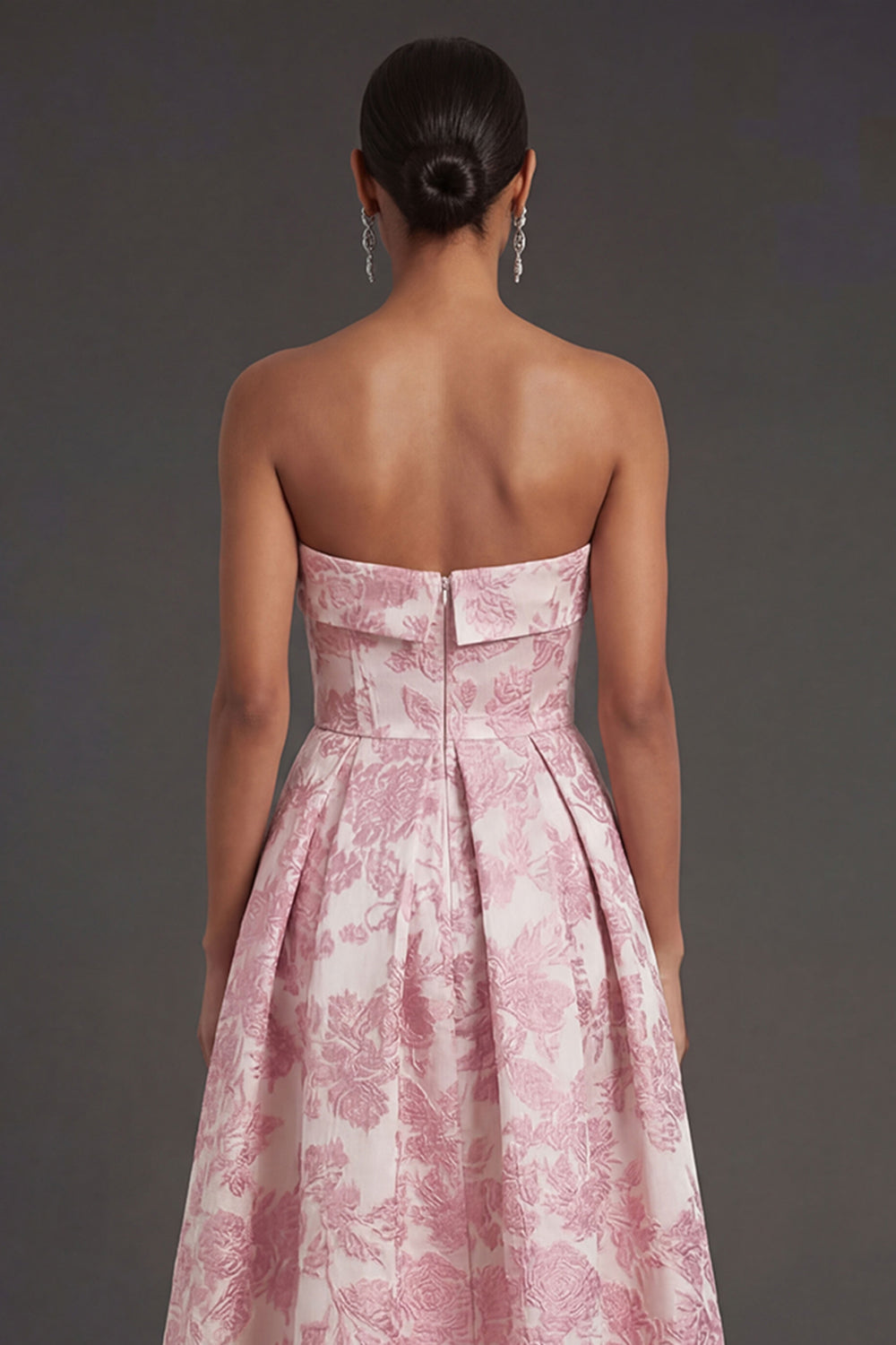 Pink Flower Jacquard Strapless Sleeveless Long Wedding Guest Dress