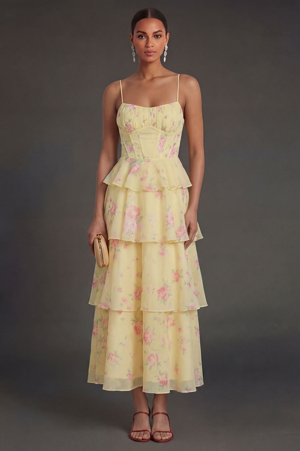 Leely Women Yellow Floral Corset Long Beach Wedding Guest Dress Tiered Spaghetti Straps Garden Party Dress