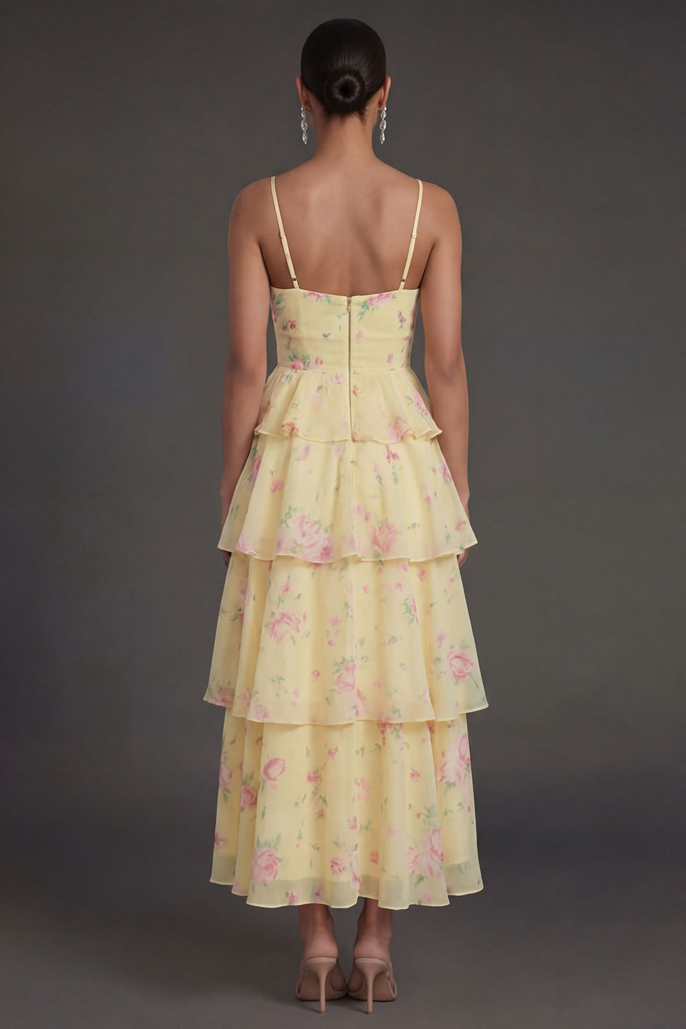 Yellow Floral Tiered Spaghetti Straps Corset Long Beach Wedding Guest Dress