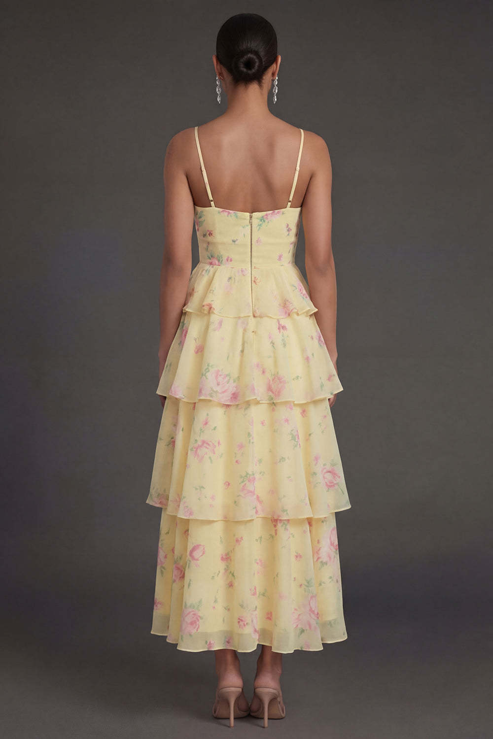 Yellow Floral Tiered Spaghetti Straps Corset Long Beach Wedding Guest Dress