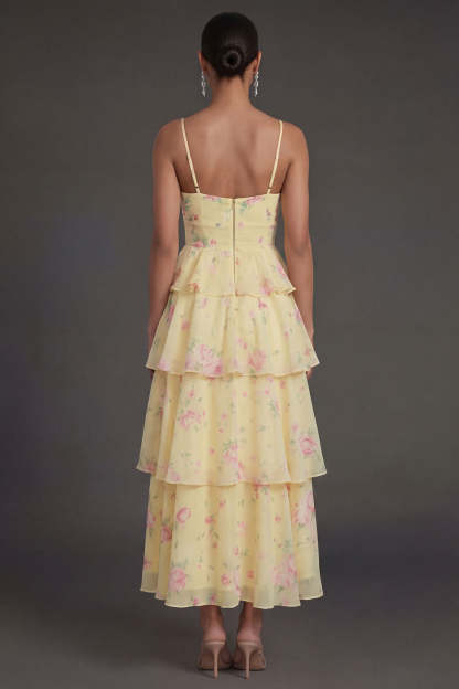 Yellow Floral Tiered Spaghetti Straps Corset Long Beach Wedding Guest Dress