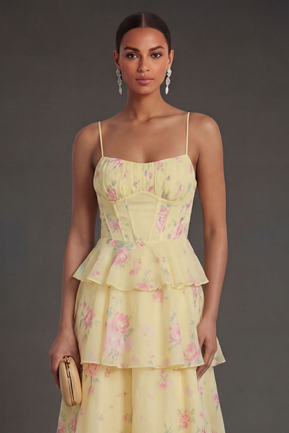 Yellow Floral Tiered Spaghetti Straps Corset Long Beach Wedding Guest Dress