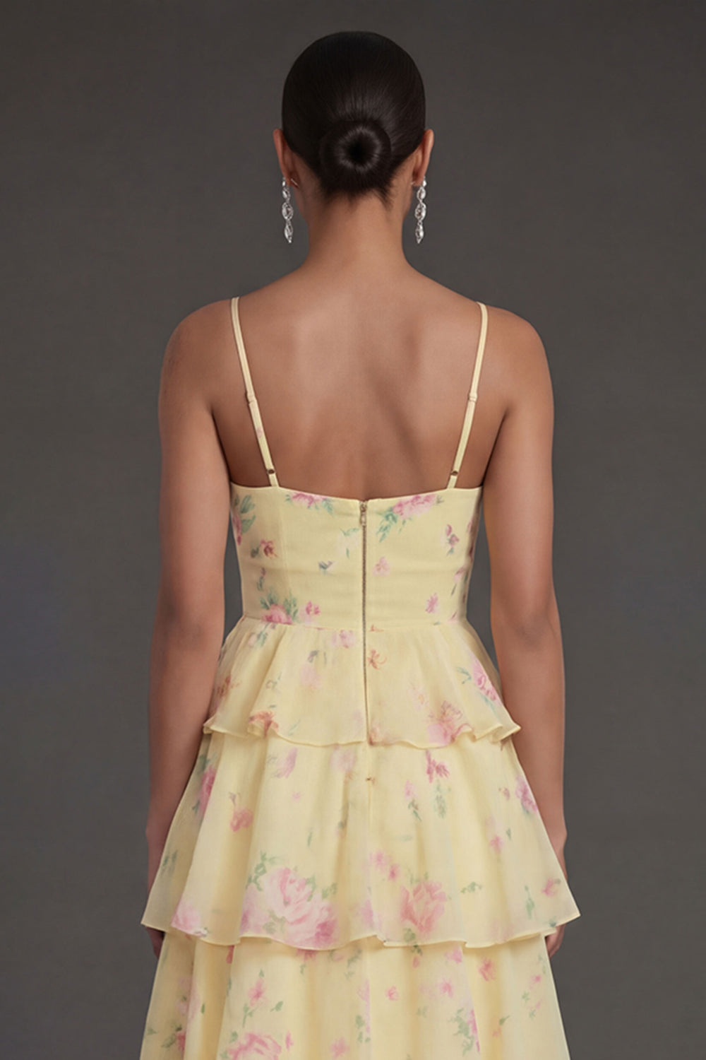 Yellow Floral Tiered Spaghetti Straps Corset Long Beach Wedding Guest Dress