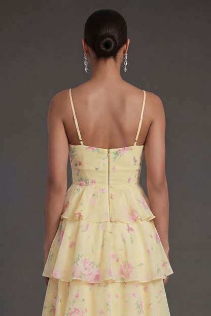 Yellow Floral Tiered Spaghetti Straps Corset Long Beach Wedding Guest Dress