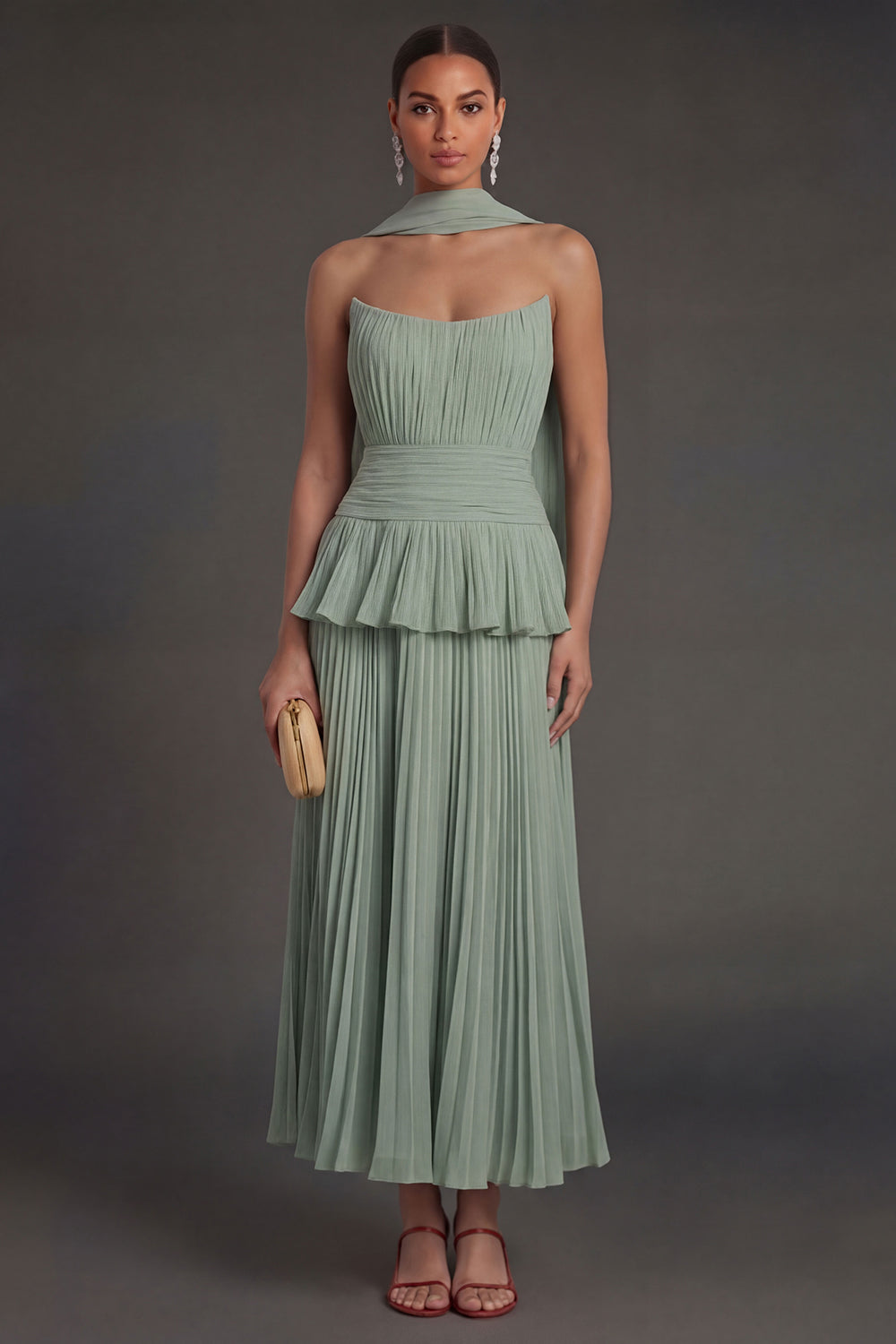 White Blue Floral A Line Floral Pleated Long Beach Wedding Guest Dress with Neck Scarf