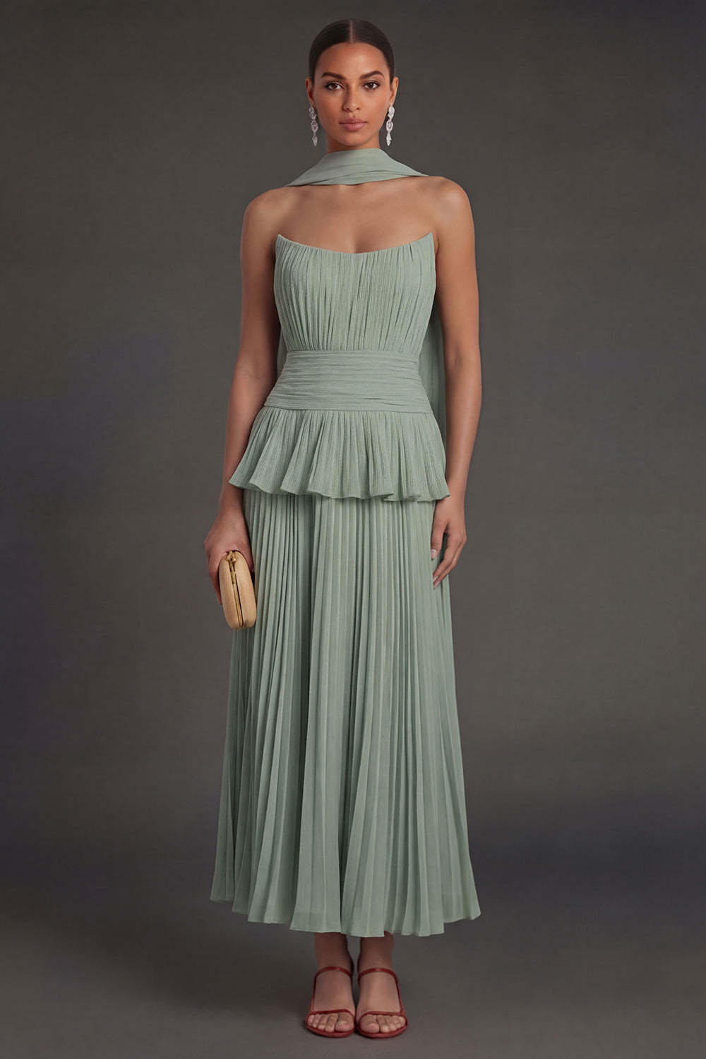 White Blue Floral A Line Floral Pleated Long Beach Wedding Guest Dress with Neck Scarf