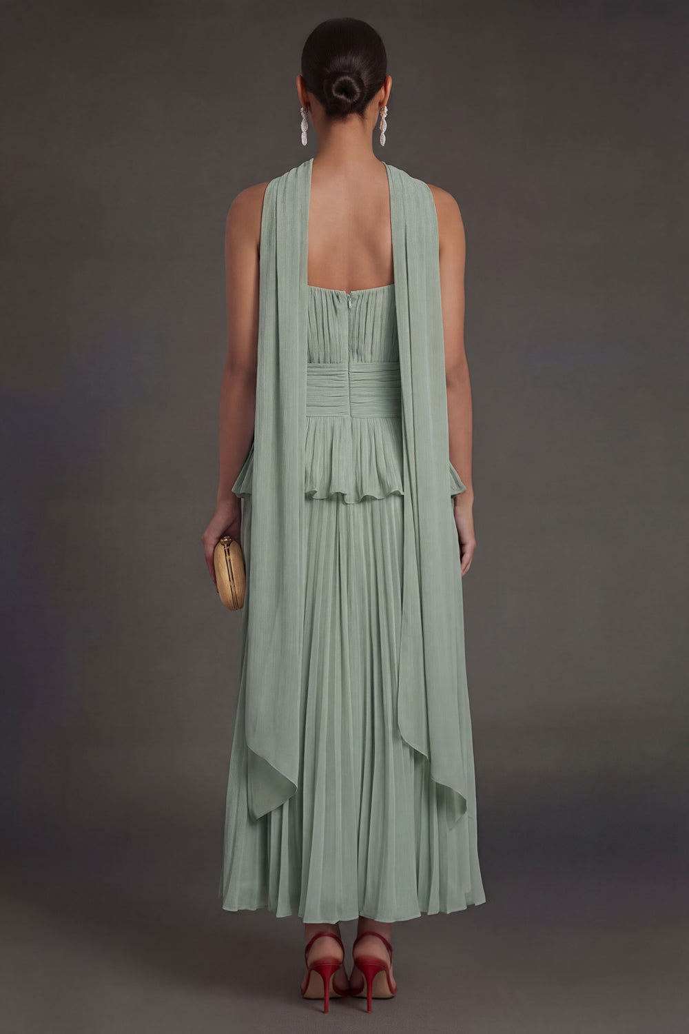 White Blue Floral A Line Floral Pleated Long Beach Wedding Guest Dress with Neck Scarf