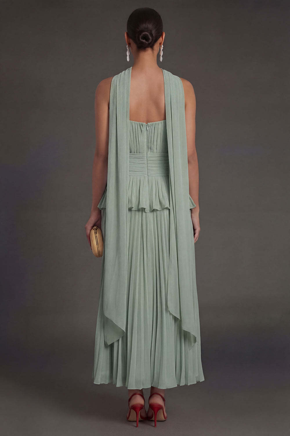 White Blue Floral A Line Floral Pleated Long Beach Wedding Guest Dress with Neck Scarf