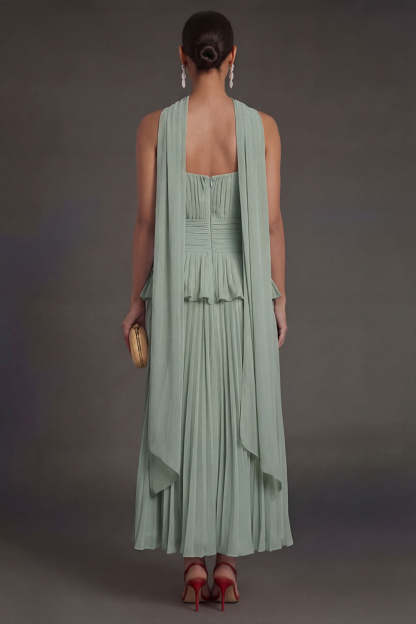 White Blue Floral A Line Floral Pleated Long Beach Wedding Guest Dress with Neck Scarf