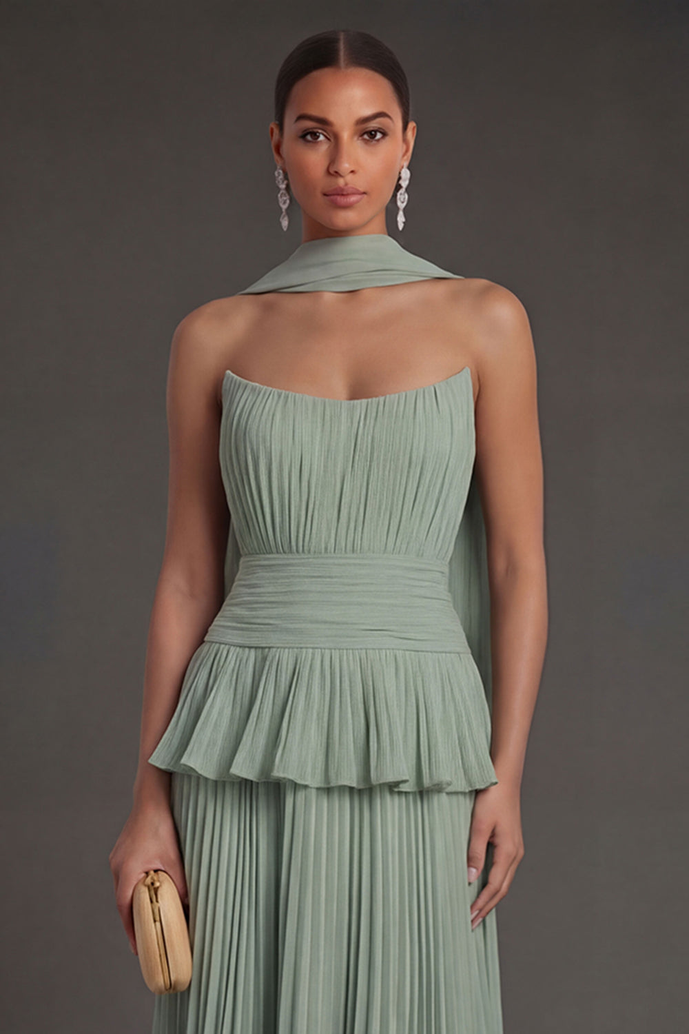 White Blue Floral A Line Floral Pleated Long Beach Wedding Guest Dress with Neck Scarf