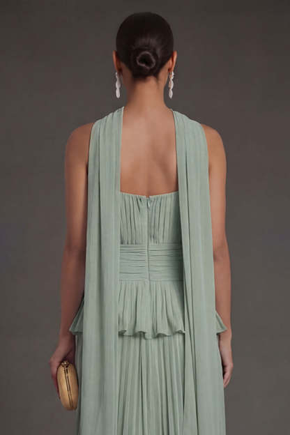 White Blue Floral A Line Floral Pleated Long Beach Wedding Guest Dress with Neck Scarf