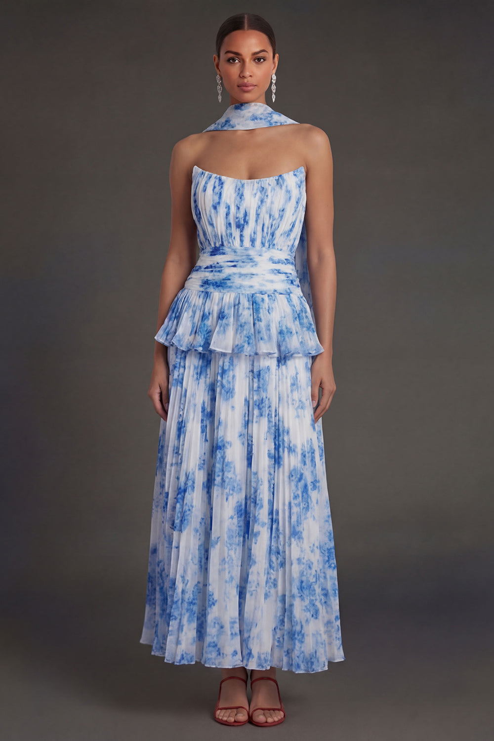White Blue Floral A Line Floral Pleated Long Beach Wedding Guest Dress with Neck Scarf