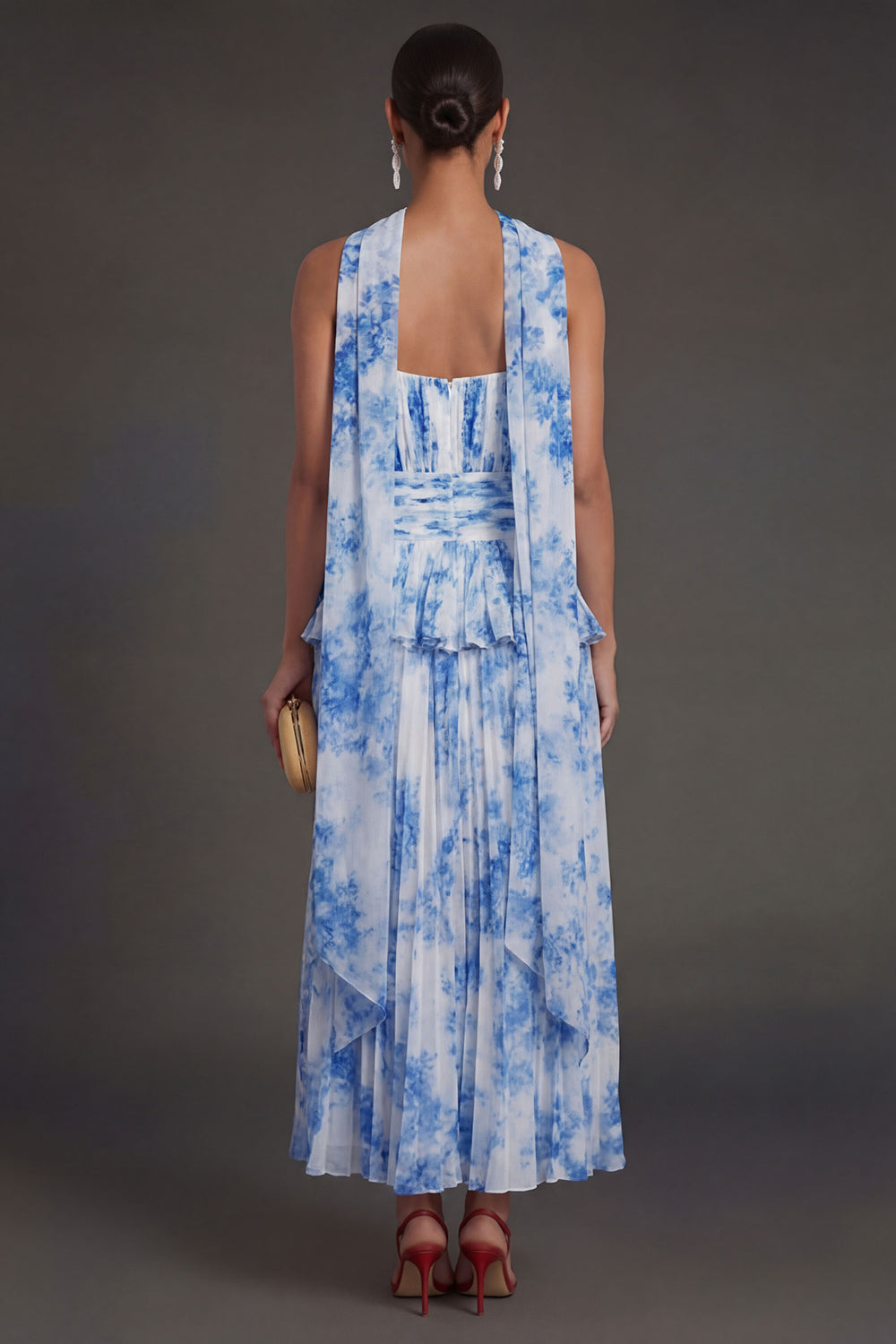 White Blue Floral A Line Floral Pleated Long Beach Wedding Guest Dress with Neck Scarf