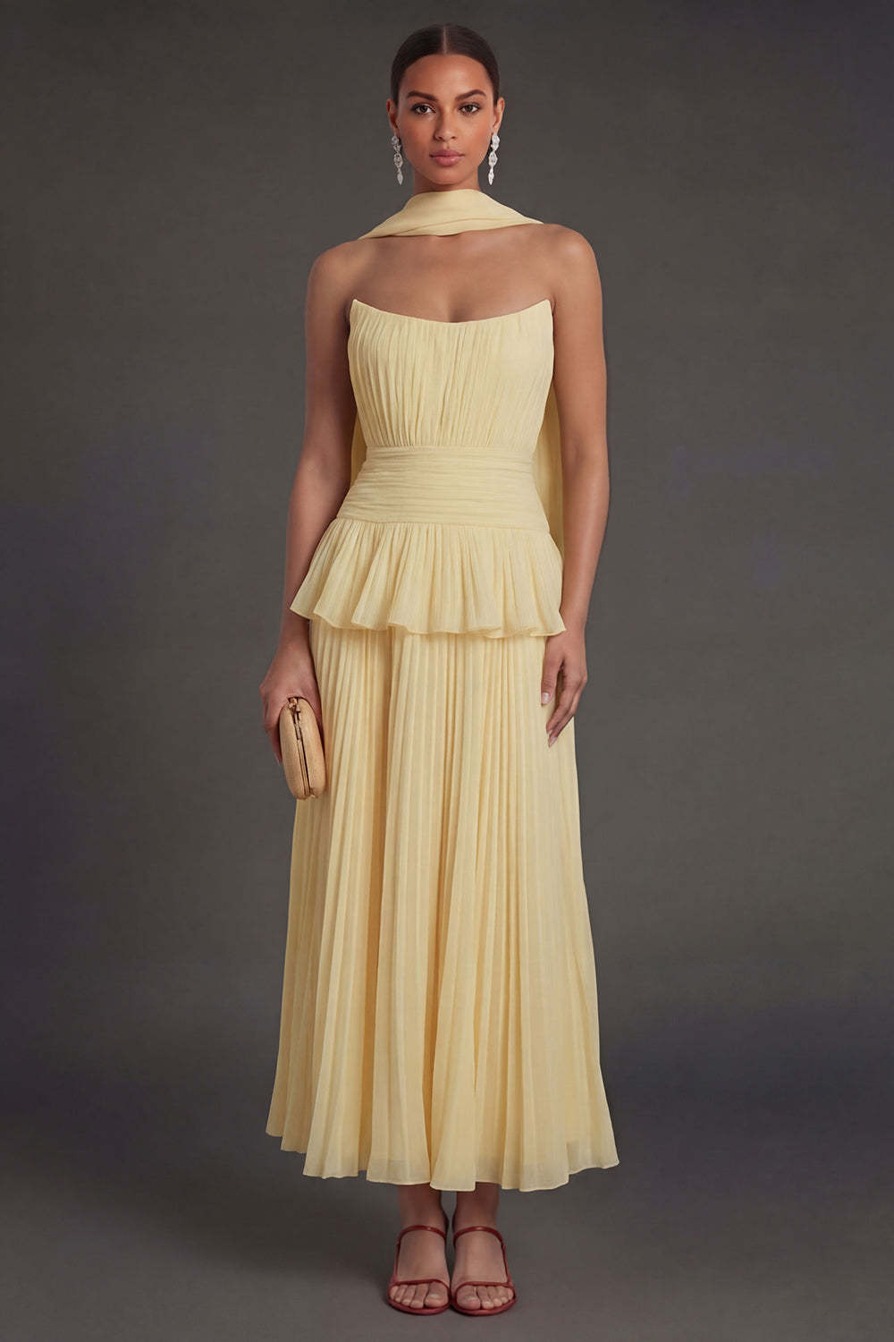 Leely Women White Blue Floral A Line Floral Long Beach Wedding Guest Dress with Neck Scarf Pleated Backless Strapless Garden Party Dress