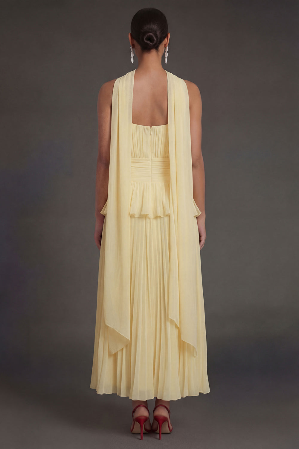 White Blue Floral A Line Floral Pleated Long Beach Wedding Guest Dress with Neck Scarf