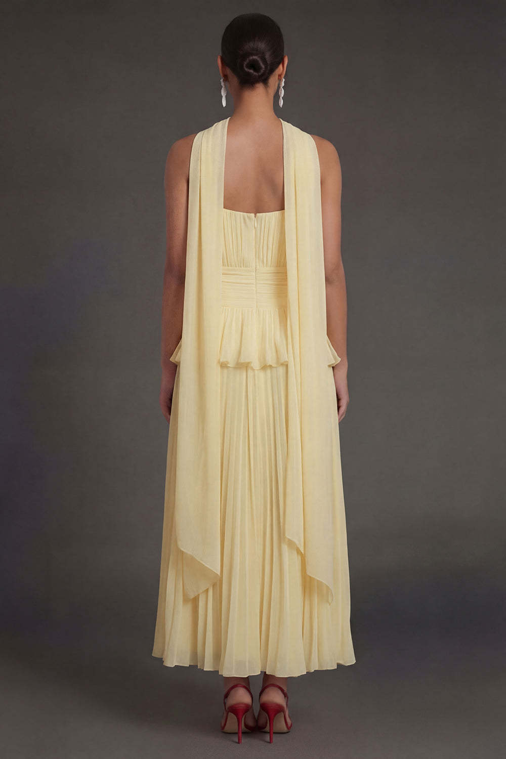 White Blue Floral A Line Floral Pleated Long Beach Wedding Guest Dress with Neck Scarf