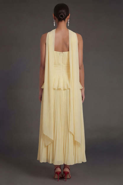 White Blue Floral A Line Floral Pleated Long Beach Wedding Guest Dress with Neck Scarf