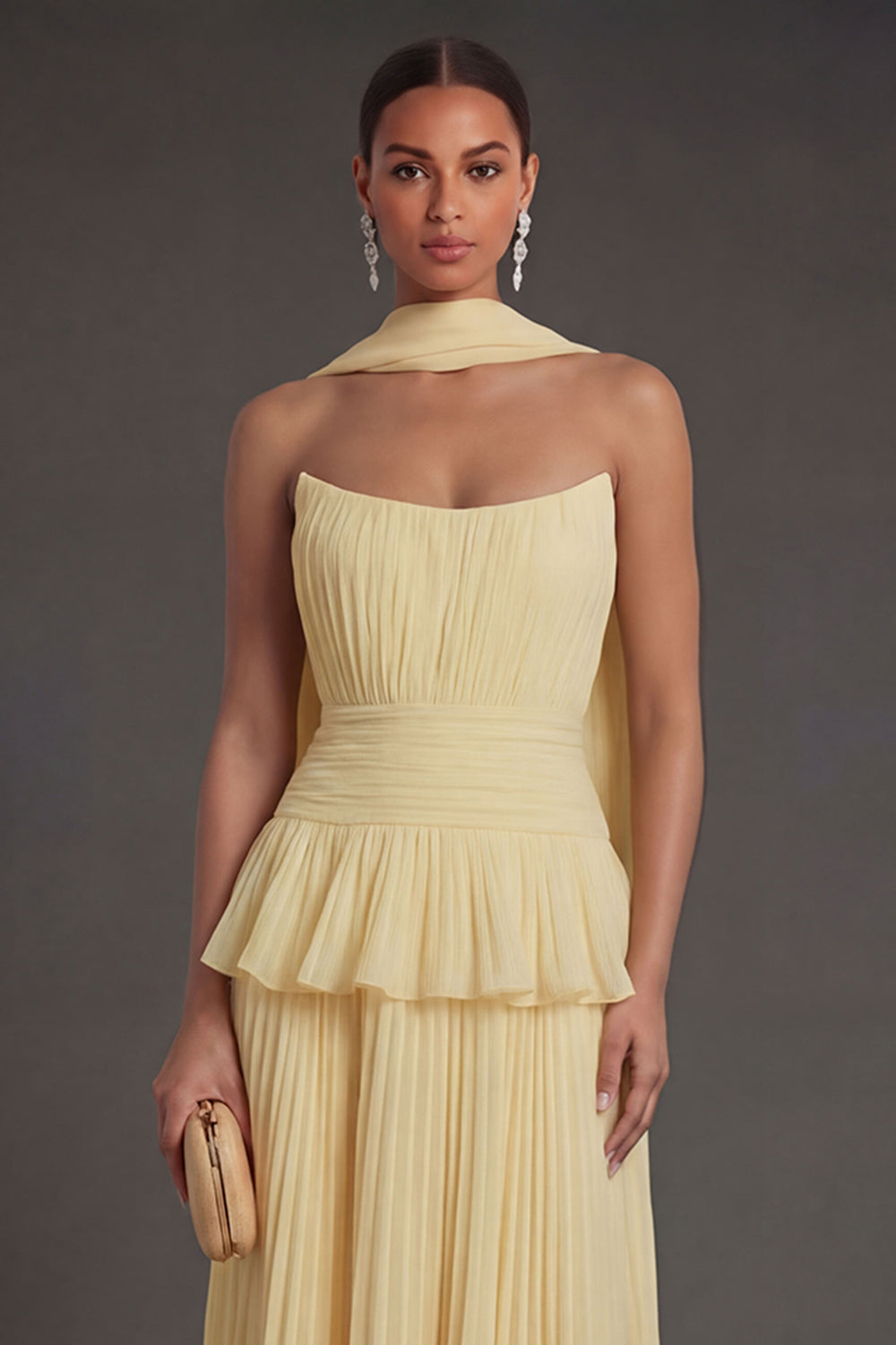 White Blue Floral A Line Floral Pleated Long Beach Wedding Guest Dress with Neck Scarf