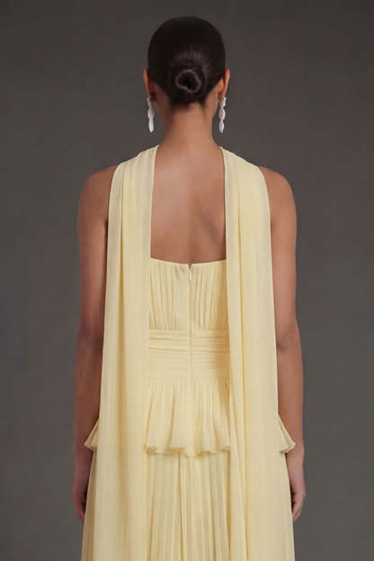 White Blue Floral A Line Floral Pleated Long Beach Wedding Guest Dress with Neck Scarf