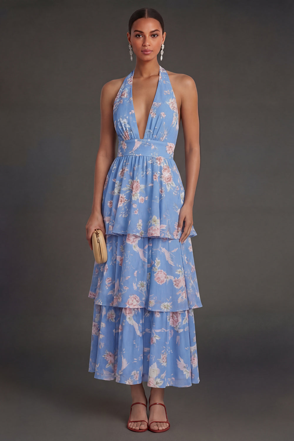 Leely Women Blue Floral A Line Tiered Long Beach Wedding Guest Dress Halter Neck Sleeveless Garden Party Dress