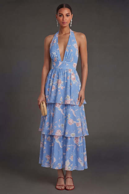 Leely Women Blue Floral A Line Tiered Long Beach Wedding Guest Dress Halter Neck Sleeveless Garden Party Dress