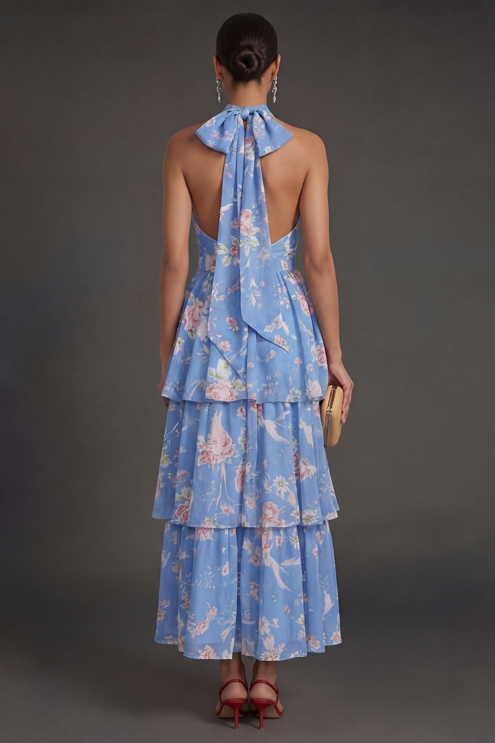 Blue Floral A Line Halter Neck Tiered Long Beach Wedding Guest Dress