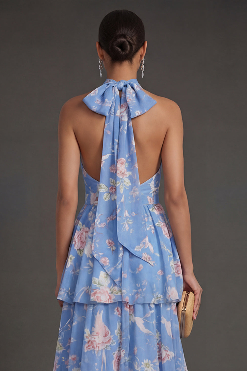 Blue Floral A Line Halter Neck Tiered Long Beach Wedding Guest Dress