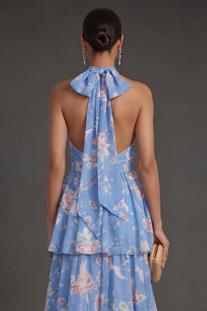 Blue Floral A Line Halter Neck Tiered Long Beach Wedding Guest Dress