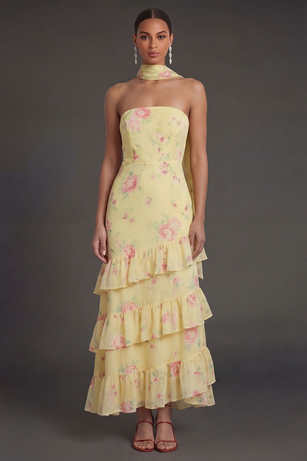 Yellow Floral Ruffled Tiered A Line Strapless Long Beach Wedding Guest Dress