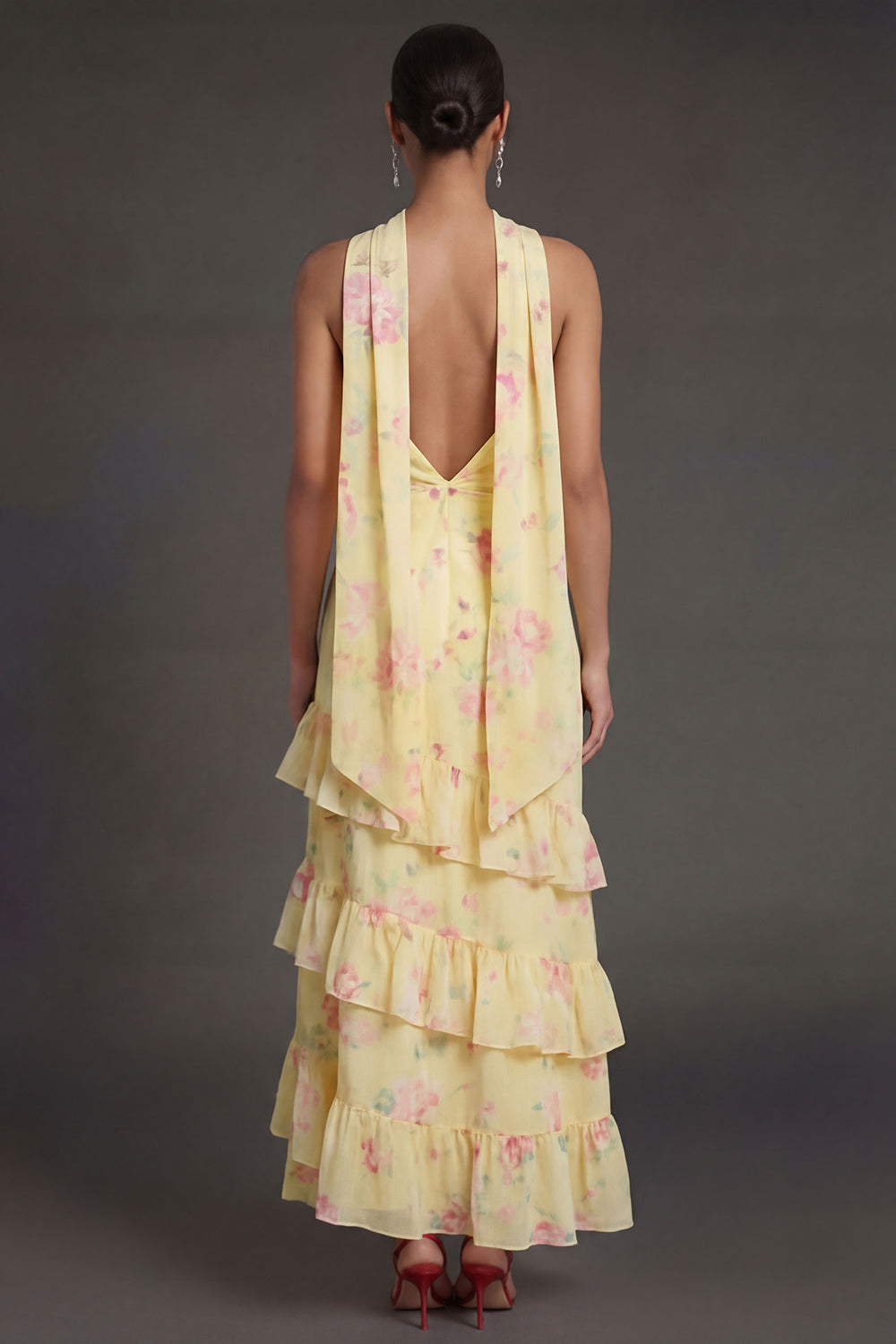 Yellow Floral Ruffled Tiered A Line Strapless Long Beach Wedding Guest Dress